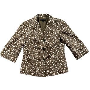 Lafayette 148 Blazer Women's Size 4 Brown Ivory Jacket 3/4 Sleeve Button Cotton